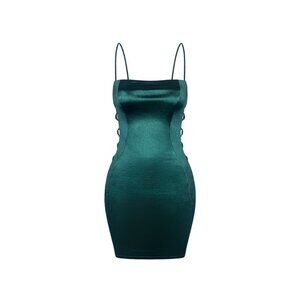 NWT Hey Babe Teal Satin Strappy Bodycon Mini Dress Square Neck Club